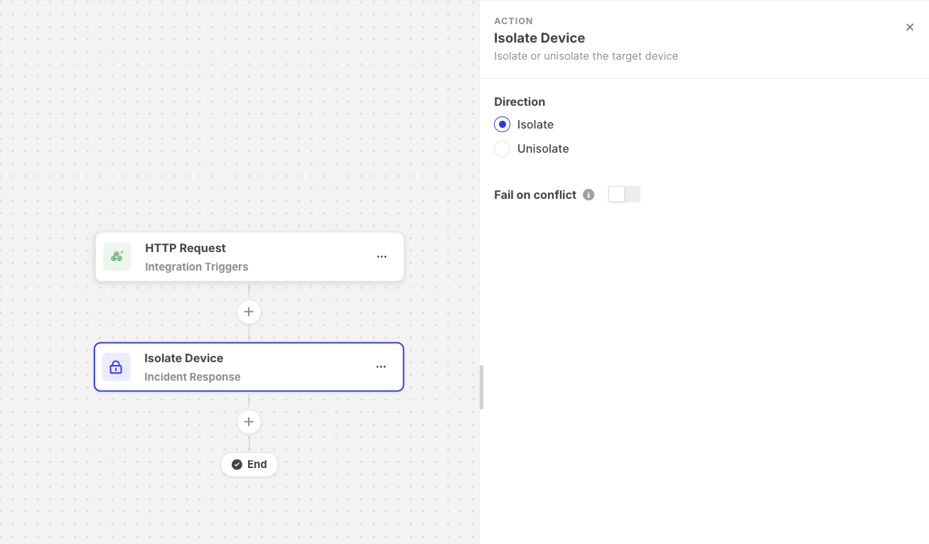 Isolate Device: Action settings